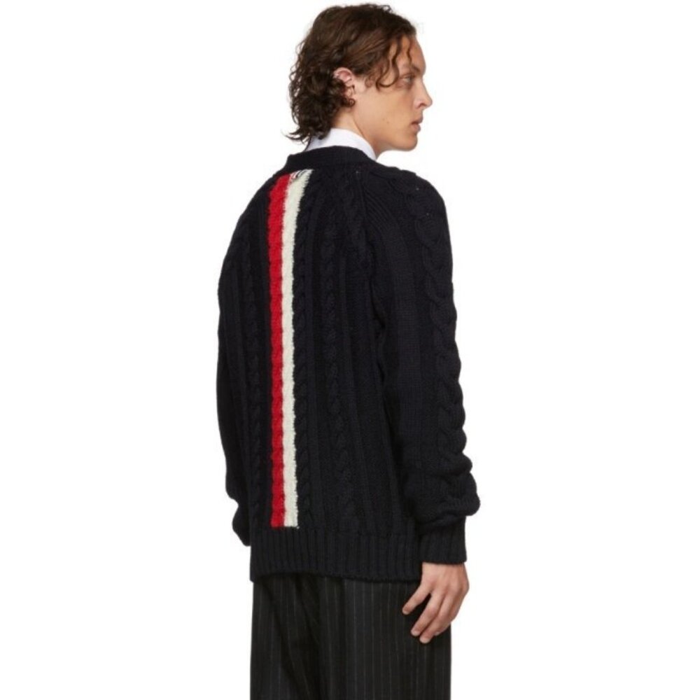 THOM BROWNE Navy Aran Merino Wool Cable Knit Crew Neck Pullover Sweater, Size 5